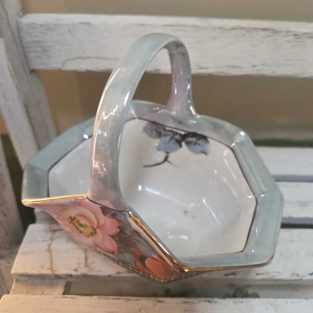 Vintage Lusterware Porcelain Basket with Hand-painted Floal Motif Japan Art Deco